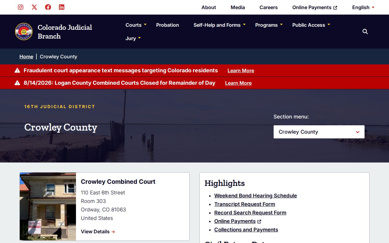 Crowley County court docket official trial court page