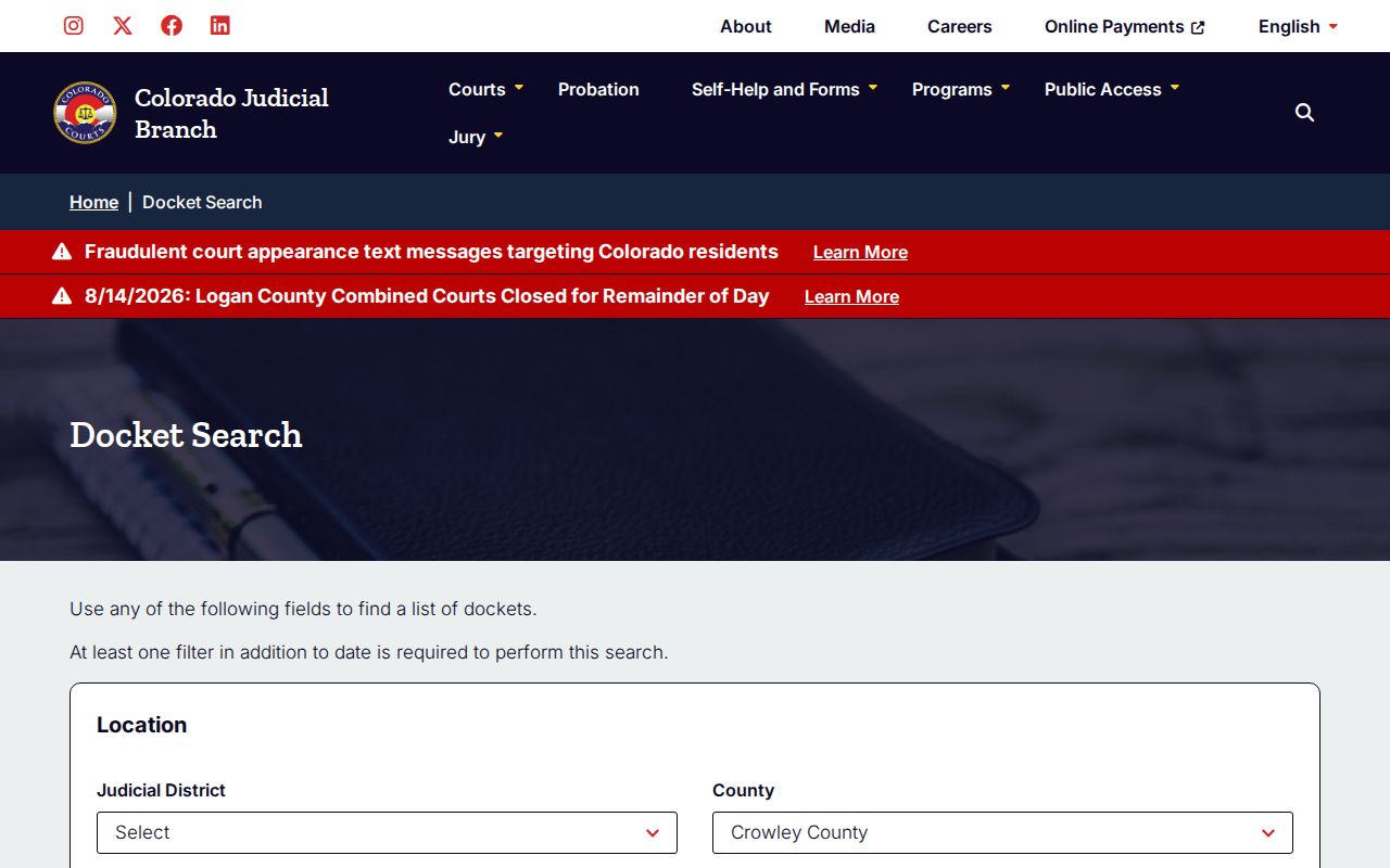 Crowley County court dates today docket view