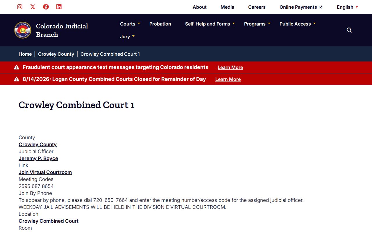 Crowley County court dates Courtroom 1 virtual access page